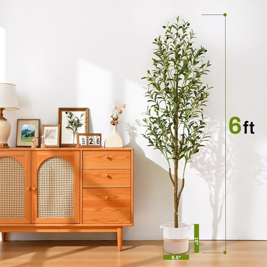 Artificial Olive Tree, 6FT Tall Faux Olive Trees with Planter & Basket, Artificial Plants Indoor with Natural Wood