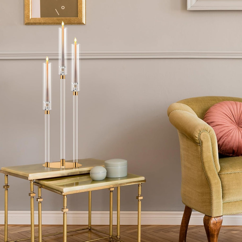 6 Pack Acrylic Candelabra Centerpieces 30.5'' Tall Clear Candle Holder Gold 3 Arm Crystal Candle Holder Candlesticks