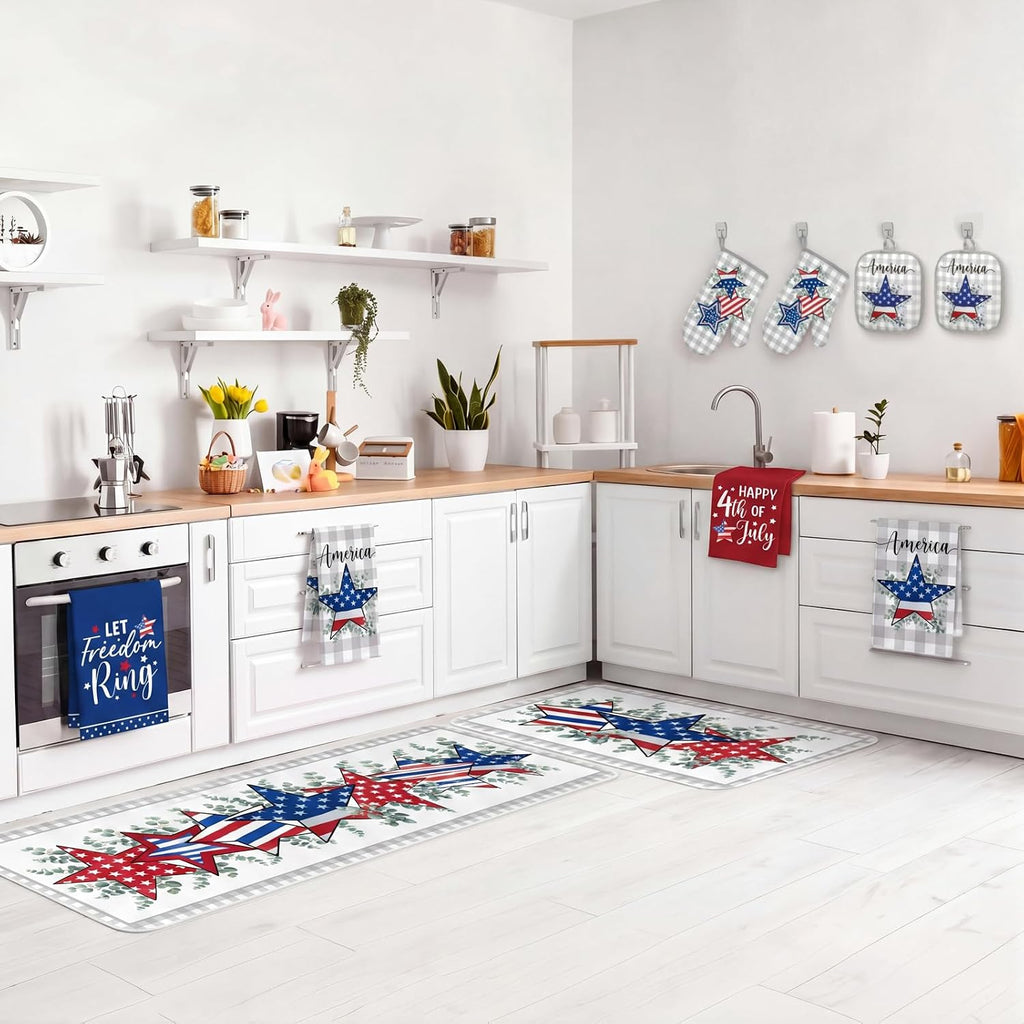 10 Pcs Patriotic Kitchen Decor and Accessories Set Star Pattern 4th of July Kitchen Towels Pot Holders Oven Mitts