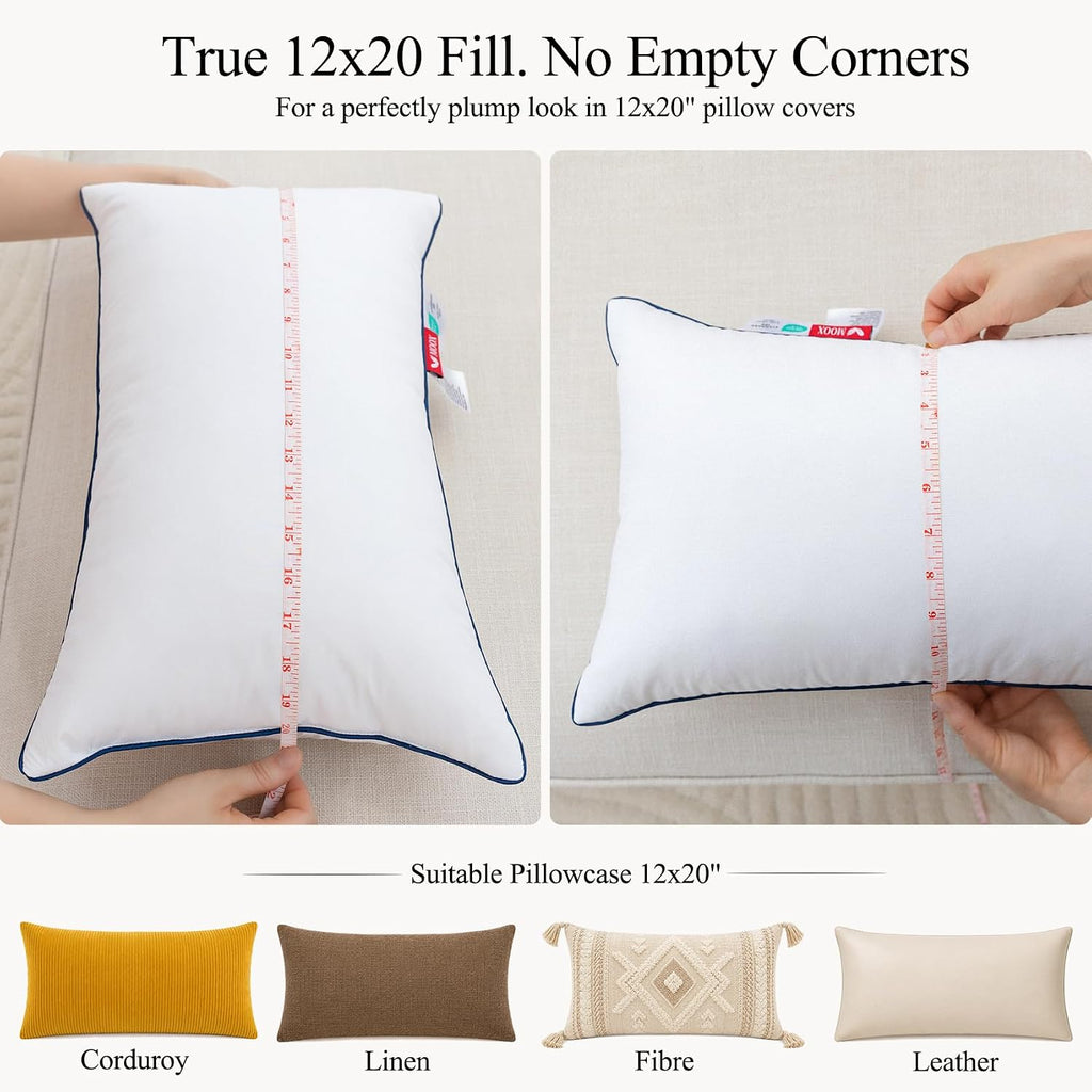 Down 12x20 Pillow Insert, 600g Goose Down & Feather Fill, Decorative Lumbar Throw Pillow Insert with Triple-Layer