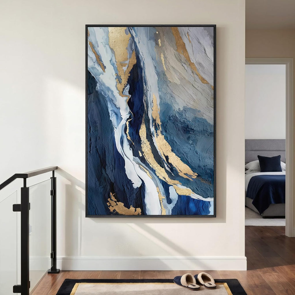 Extra Large Framed Blue Abstract Wall Art , 40x60 In Oversized Blue and Gold Modern Canvas Prints Paintings, Big