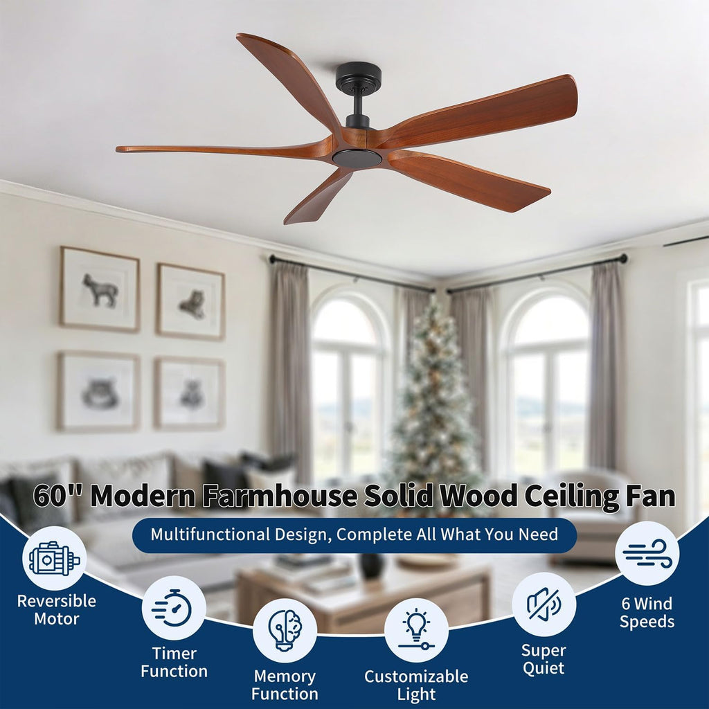 Farmhouse Ceiling Fan no Lights with Remote Control, 60 Inch Outdoor Indoor Ceiling Fan Without Light
