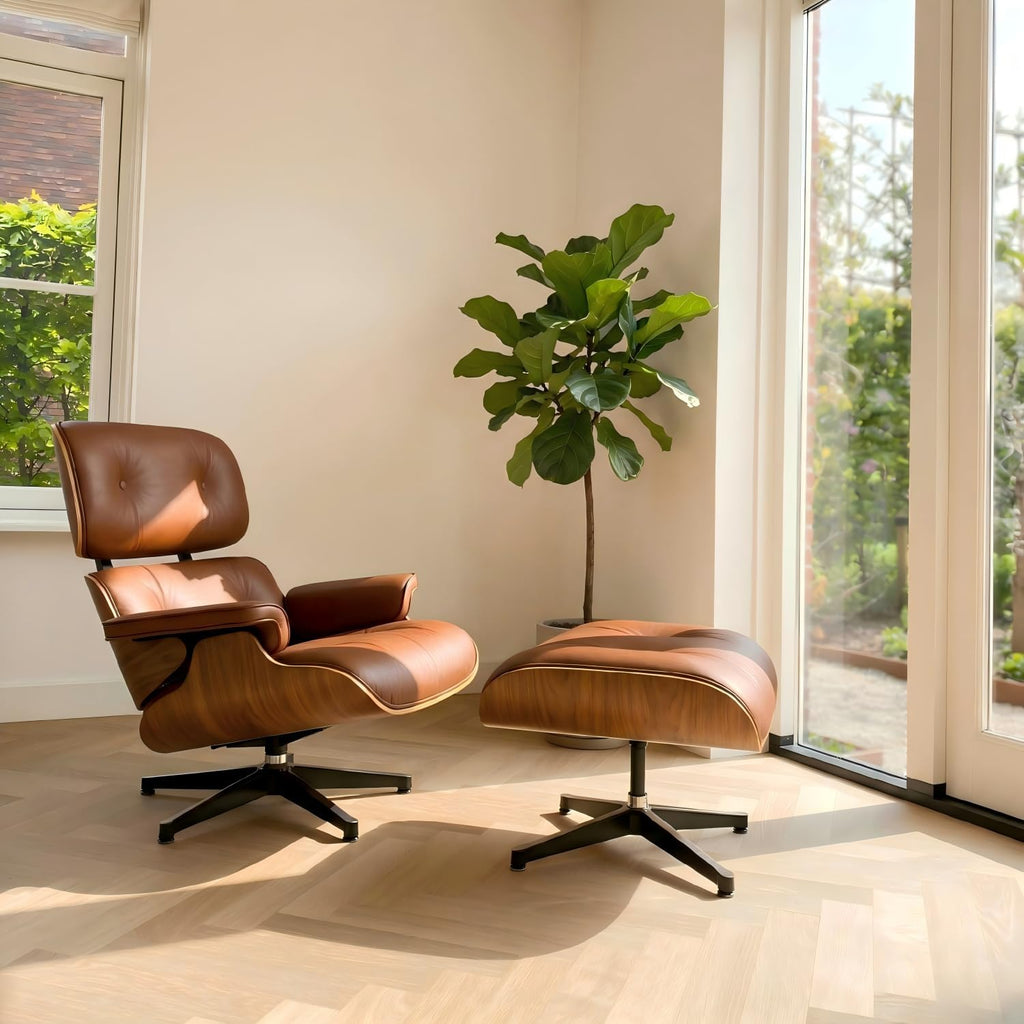 Modern Chaise Lounge Chair and Ottoman — Leather