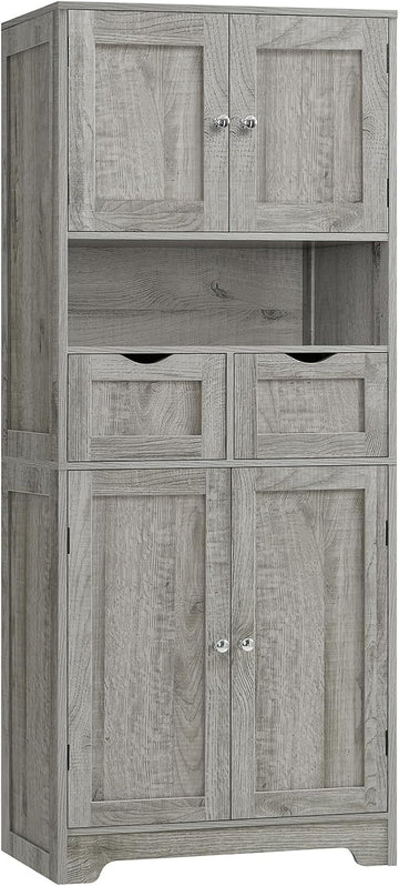 57.8" H Tall Storage Cabinet with 2 Drawers & 2 Adjustable Shelves, Bathroom Storage Cabinet with 4 Doors, Floor