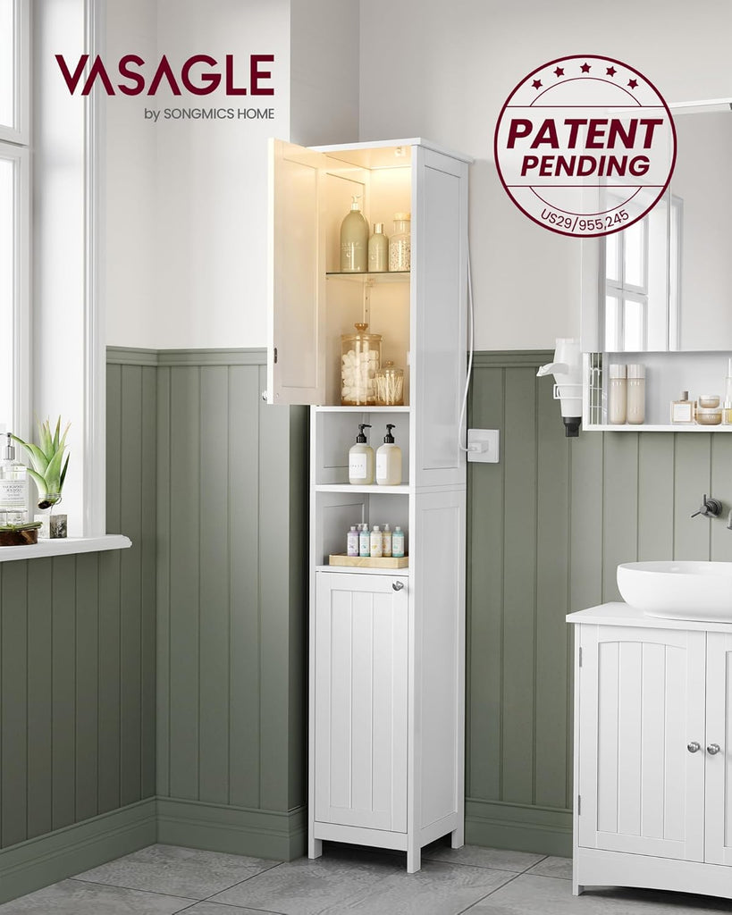 Tall Storage Cabinet with Lights, Slim Freestanding Cabinet with Adjustable Shelves, for Small Spaces, Bathroom