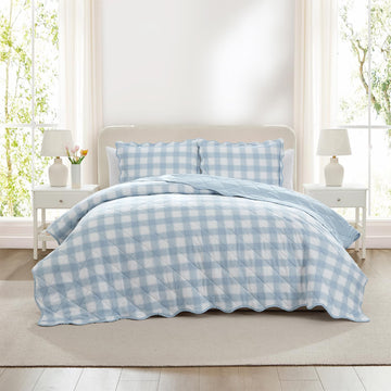 Blue Quilt for Bed, 2-Piece Gingham Scalloped Bedspread Coverlet and Sham (Checkered Bliss)