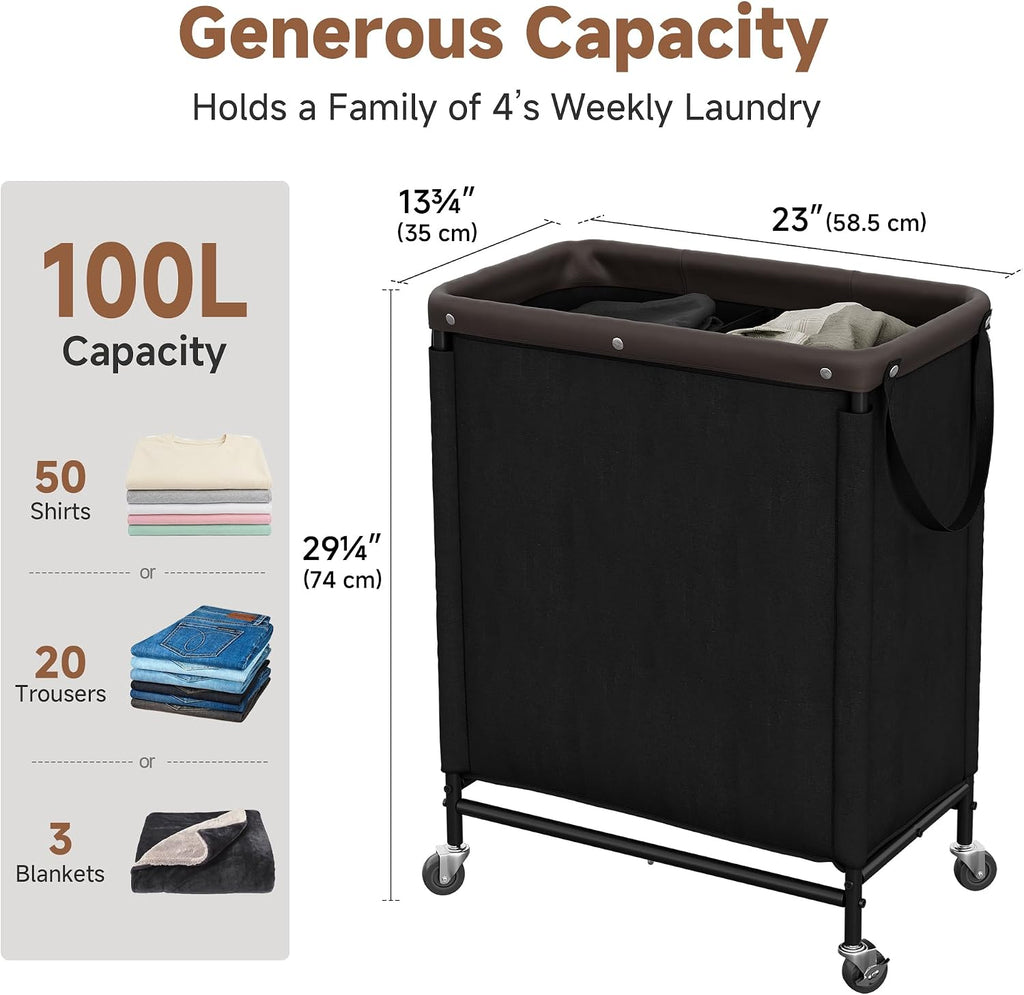 2 Section Laundry Hamper, 100L Black Sorter Cart with Wheels