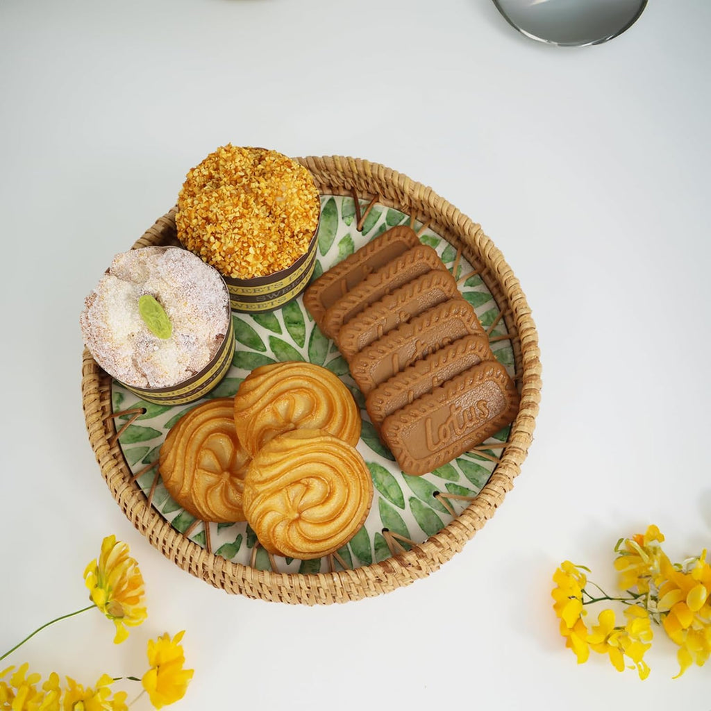 Set of 3 Rattan Tray with Mother of Pearl Inlay, Round Serving Trays for Coffee Table, Decorative Wicker Woven