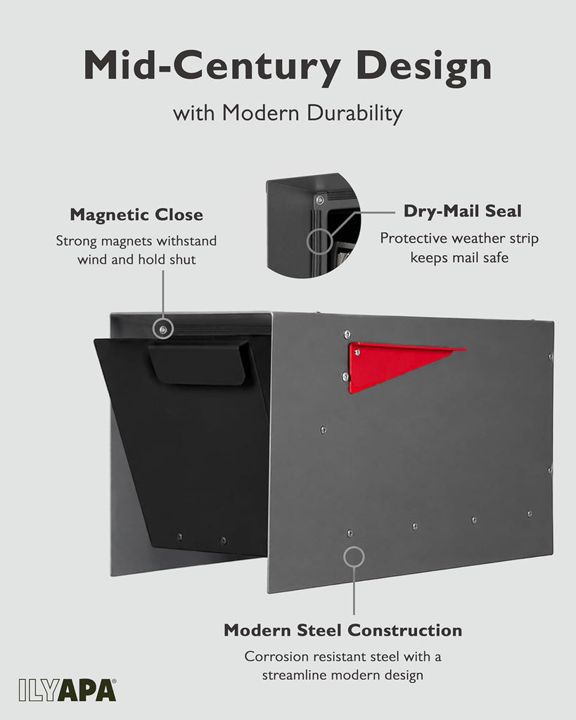 Modern Mailbox Post Mount - 21x8x10 Gray with Black Door Powder Coated Steel, Waterproof Letter Box for Parcels