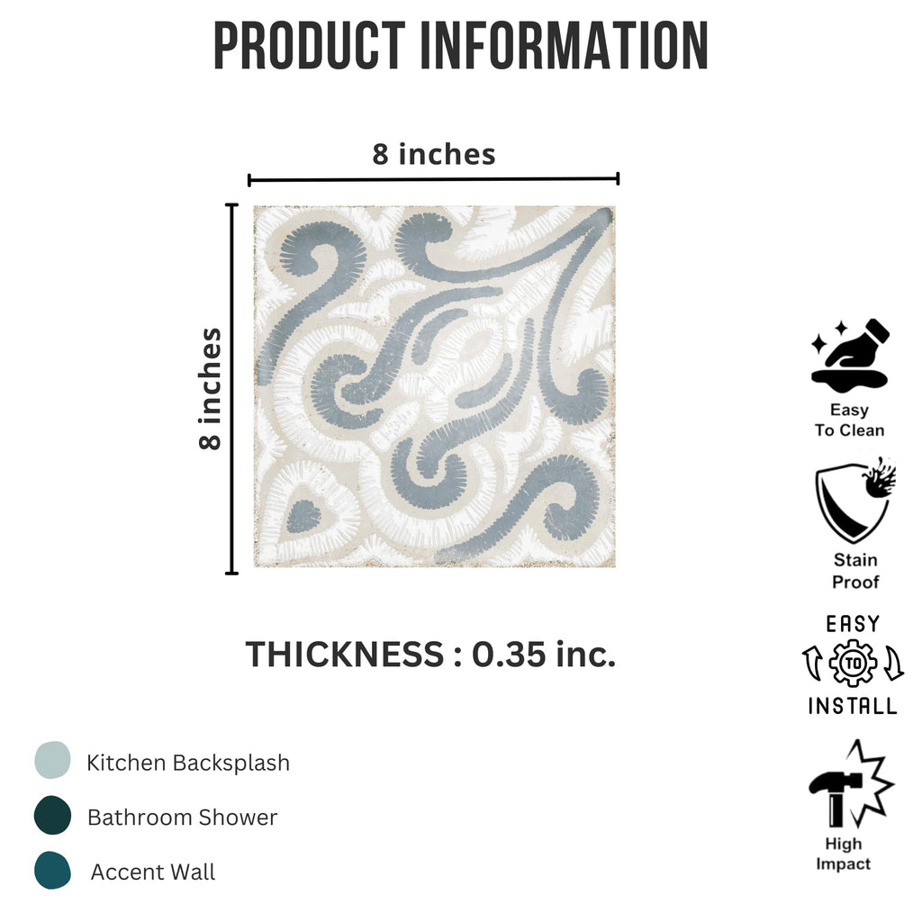 8x8 Encaustic Look Matte Porcelain Tile for Wall & Floor, Decorative Bathroom, Kitchen Backsplash, Shower, Fireplace
