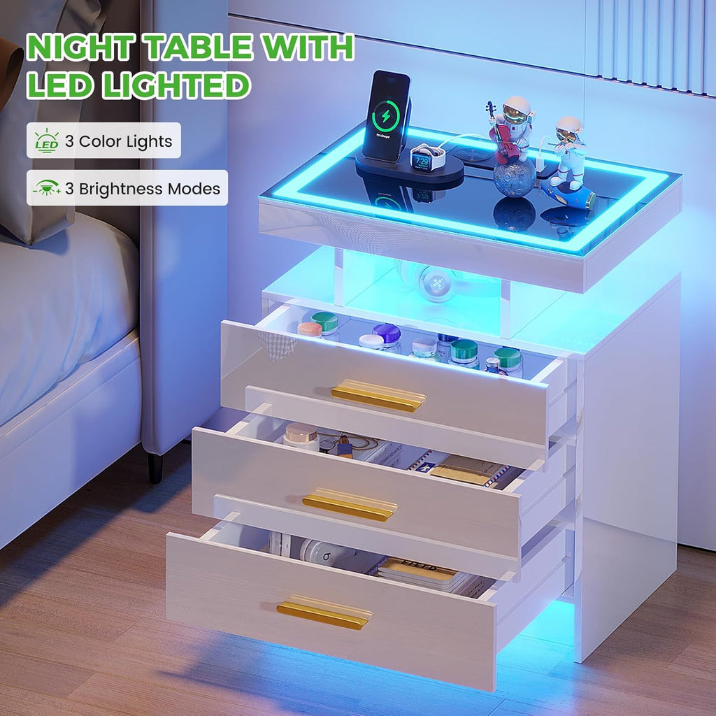 Night Stand Set 2 with LED Lights, High Gloss Nightstand with 3 Drawers,Wireless&USB&Type-C Charging Station,Smart