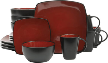 Soho Lounge Square 16-Piece Dinnerware Set, Service for 4, Reactive Glaze Stoneware Plates and Bowls, Modern Dishes
