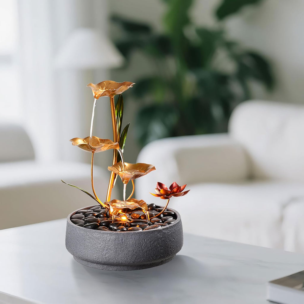 Indoor Tabletop Fountain Exquisite Meditation Desk Water Fountain Decorative Zen,4-Tier Lotus Desk Fountain, Decor