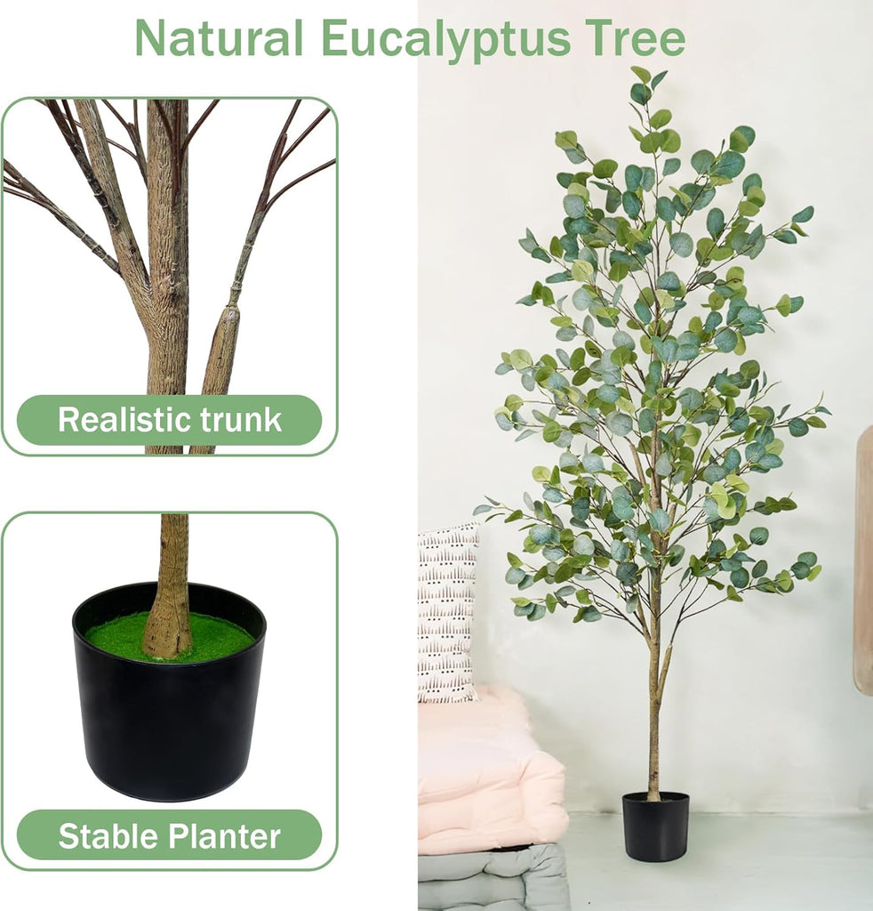 Faux Eucalyptus Tree 6FT, Artificial Potted Tree for Indoor Outdoor, Fake Floor Plants with Natural Wood Trunk, Home