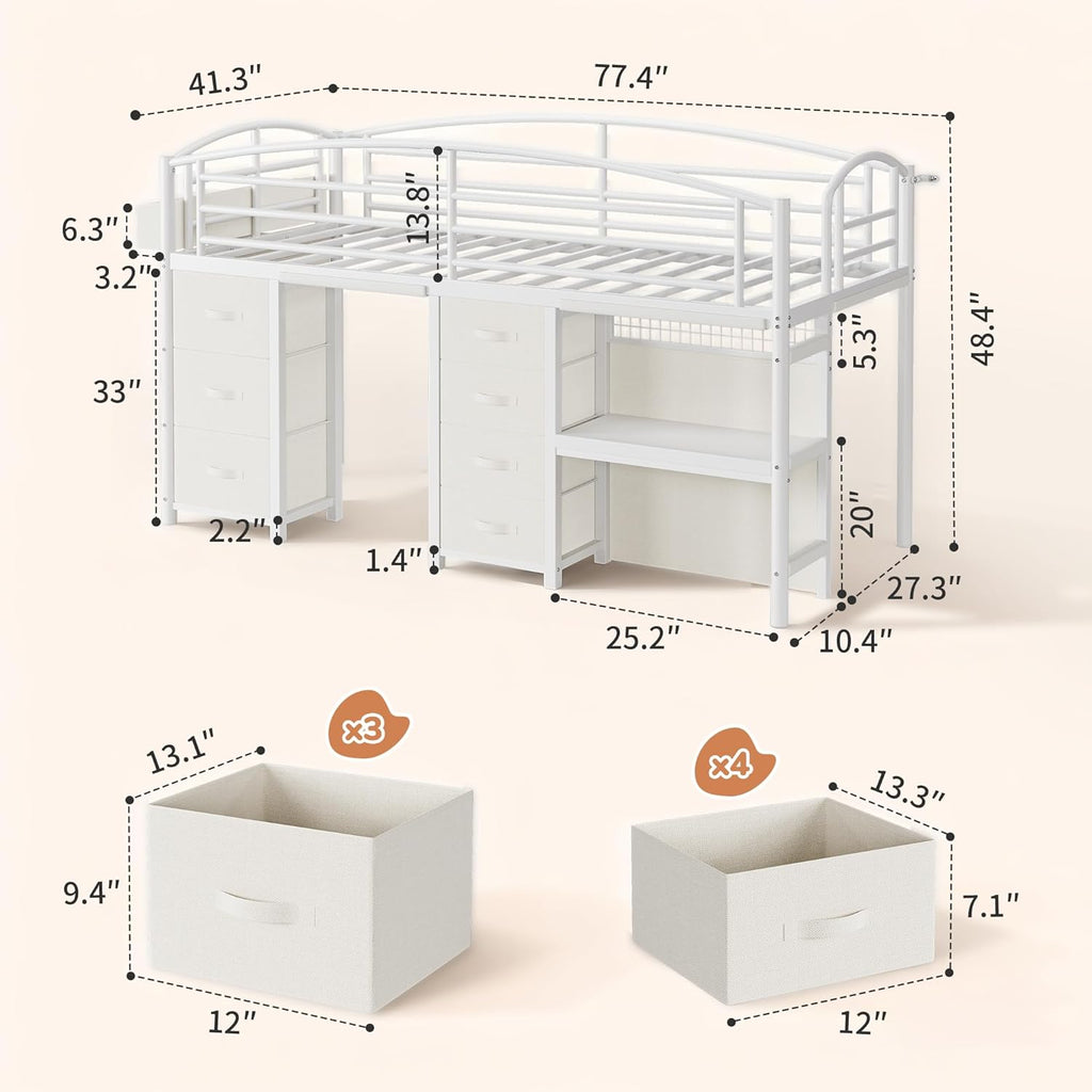 Low Loft Bed Twin with 7 Storage Drawers, Desk and LED Lights