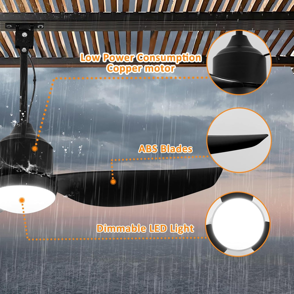 42 Inch Black Waterproof Gazebo Fans with Lights Outdoor Hanging - Plug in Remote App Control for Patios Indoor Farmhouse Porch - 6 Speed Reversible DC Motor