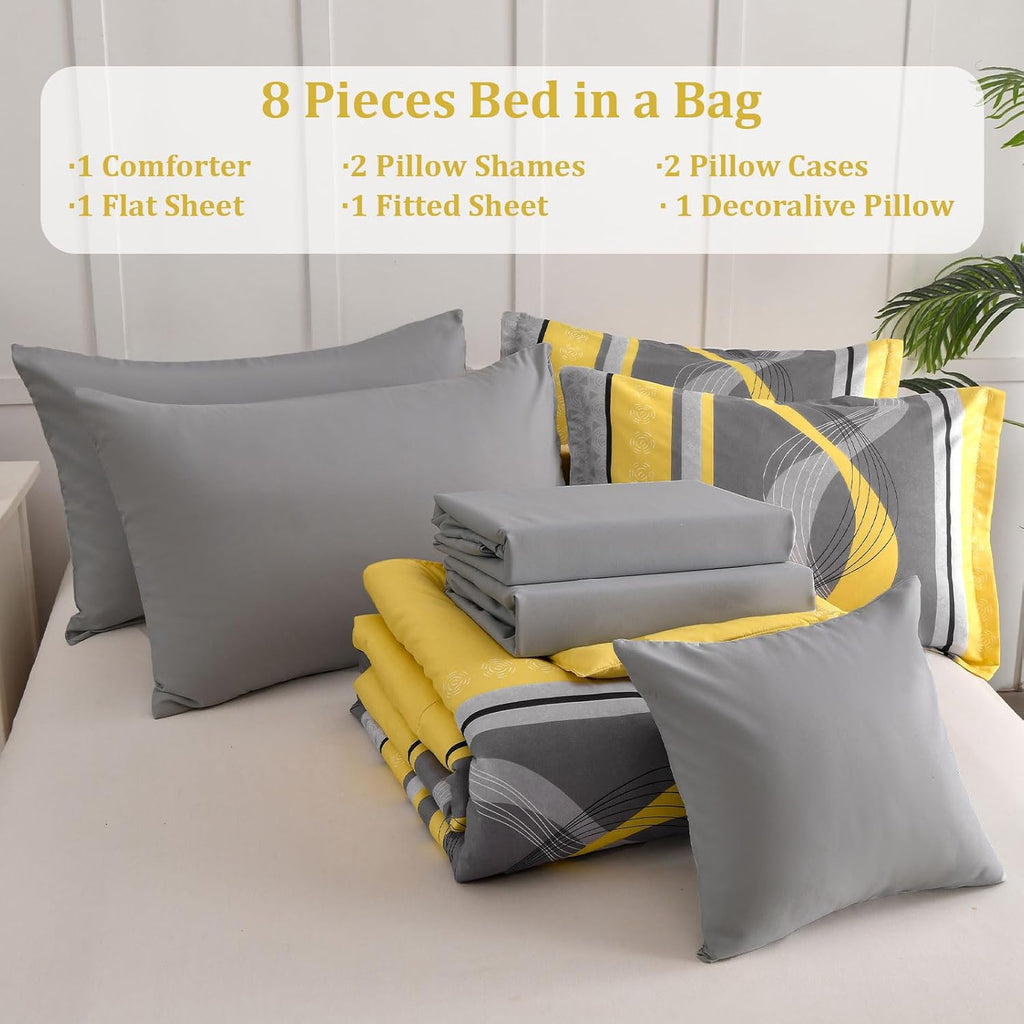 Yellow Comforter Set, 8 Pieces Bed in a Bag Patchwork Striped Bedding Sets, Boho Soft Microfiber Bedding