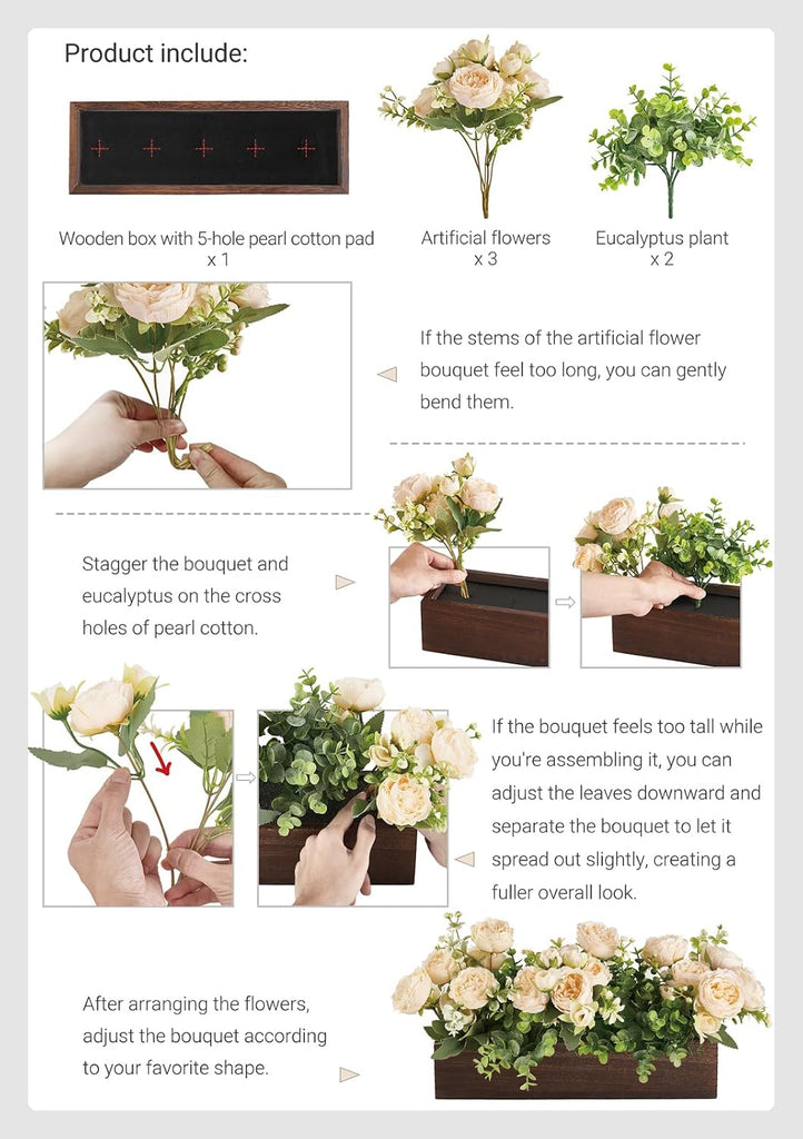 Centerpiece Table Decorations Farmhouse Table Centerpieces Decor Wood Tray with 3 Artificial Flowers and 2 Eucalyptus