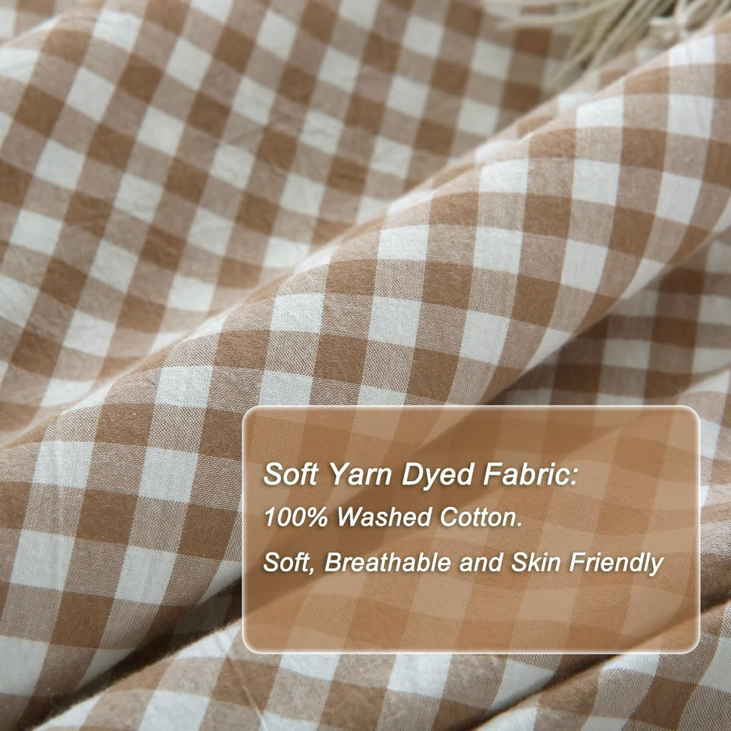 Taupe/White Plaid Ruffle Duvet Cover,100% Washed Cotton 3 Pcs Vintage Checkered Chic Gingham Bedding Set