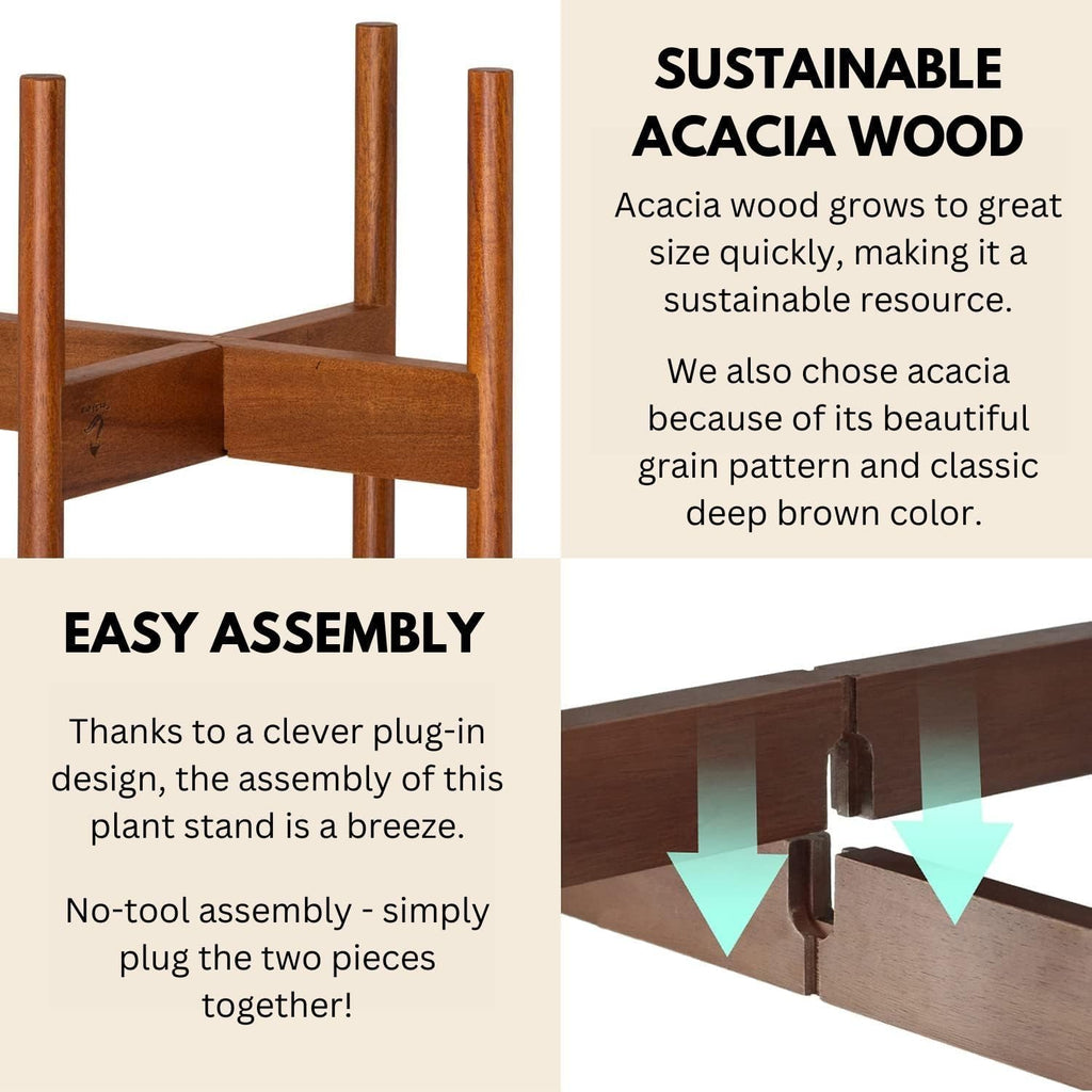 Mid Century Plant Stands for Indoor Planters, Acacia, 10 Inch | Plug In Design, Holds 175 lbs, Two High Options