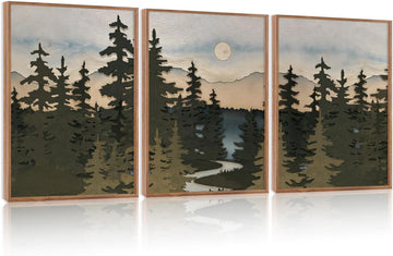 Vintage Mountain Framed Canvas Wall Art Set, Boho Sunrise Art Prints, Forest Nature Wilderness Art Paintings