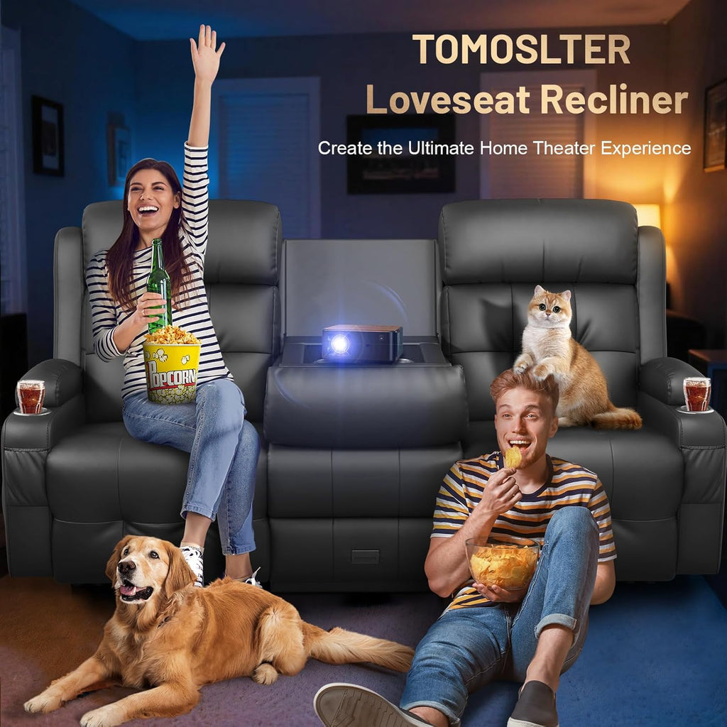3-Seater Loveseat Recliner Sofa, Home Theater Seating Reclining Couch with Flip Middle Backrest