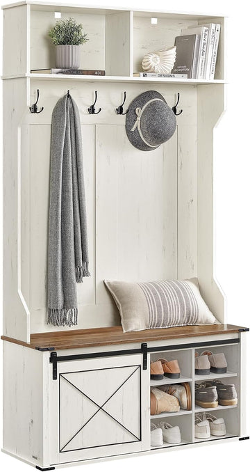 Hall Tree with Bench and Shoe Storage, Coat Rack with Shoe Bench, Entryway Furniture, 6 Tri-Hooks, Sliding Door