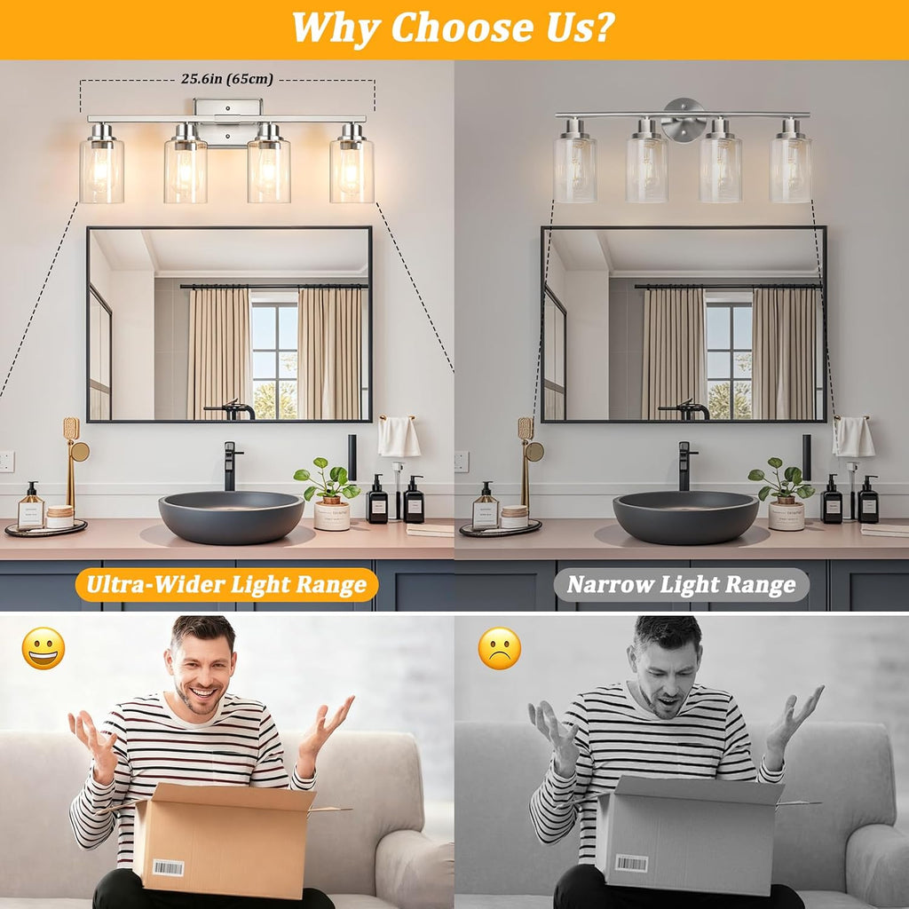4-Light Bathroom Light Fixtures, Modern Vanity Lights with Clear Glass Shades, Brushed Nickel Bathroom Wall Lamp for