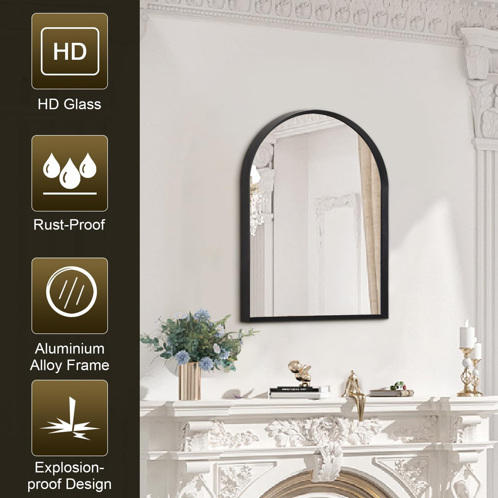 Black Arched Mirror, Modern Bathroom Wall Mirror Aluminum Alloy Framed Mirror Brushed Metal Vanity Wall Mounted Mirror