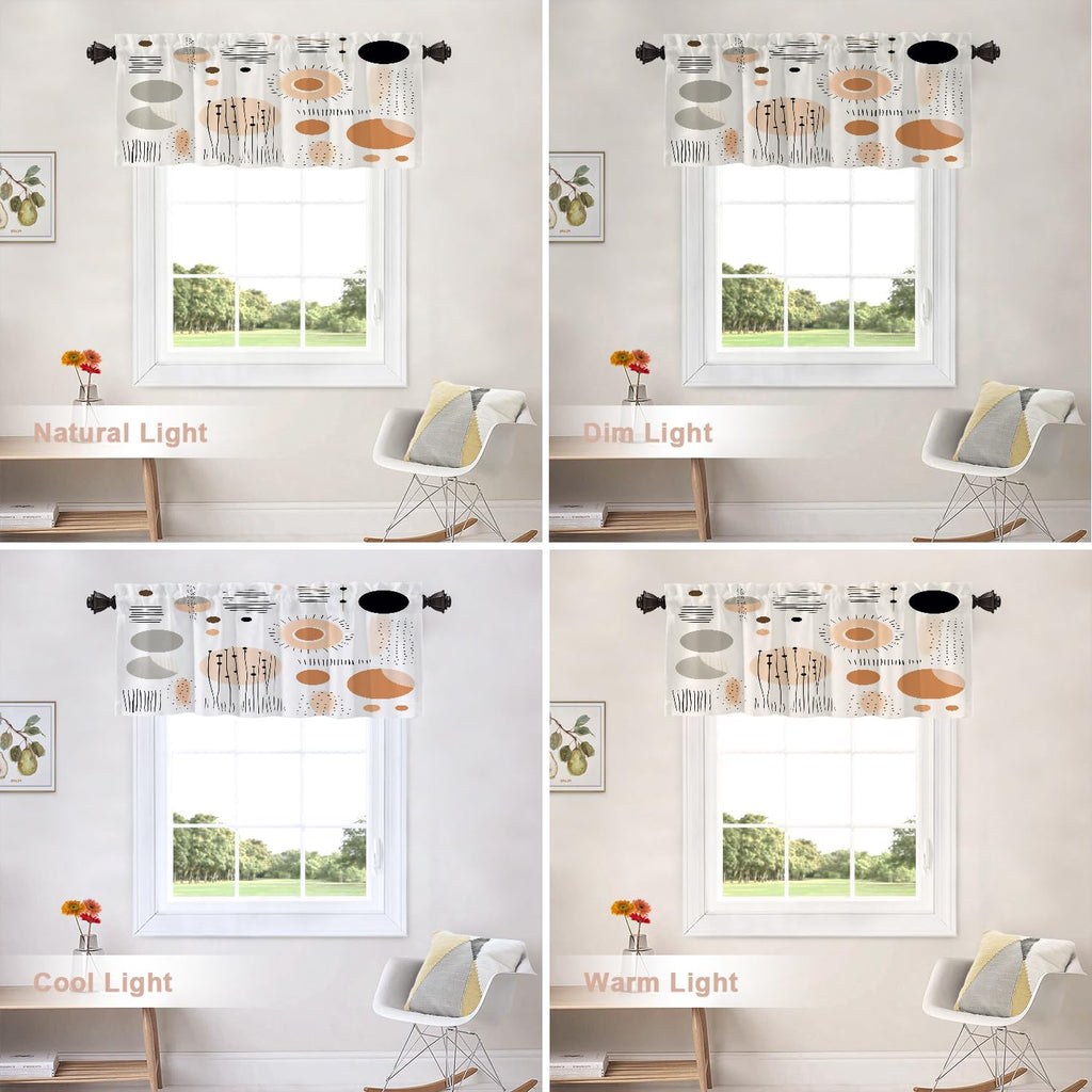 Geometric Shapes Blackout Short Curtains for Windows, Abstract Pattern Design Kitchen Valance Thermal Insulated Rod