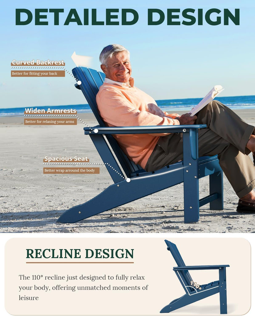 Oversized-Adirondack-Chairs-Set-of-4 | HDPE | All Weather | Blue | 22" Extra Wide Seat, Plastic Fire Pit Chair