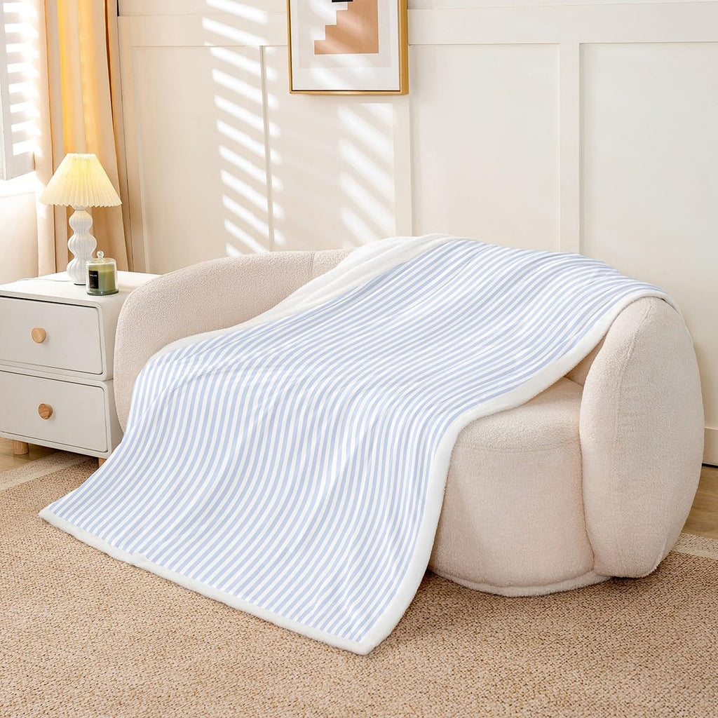 Blue White Stripe Fleece Blanket Throw 50x60 Geometric Ticking Stripes Sherpa Blanket | Farmhouse Vertical Stripes