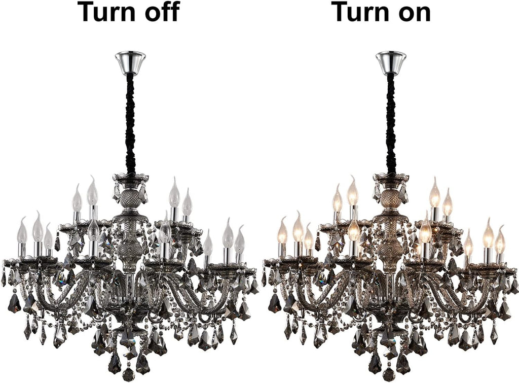 Smoky Gray Crystal Chandelier Modern K9 Crystal Chandeliers Lighting Pendant Light Fixtures,15-Light Crystal Raindrop Hanging Chandelier for Living Room Dining Room(15 Lights)