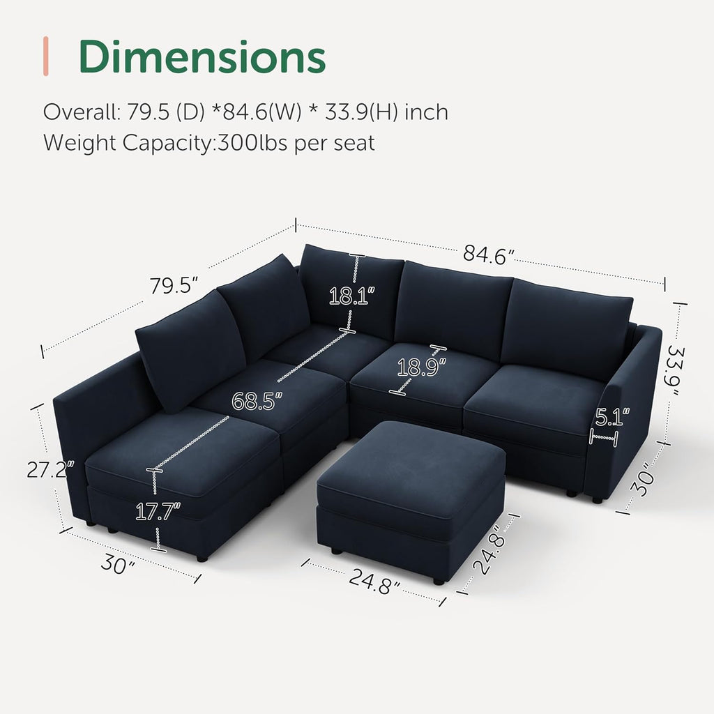 Modular Sectional Couch L Shaped Sectional Sofa with Storage Velvet Convertible Sectional Couches ,Dark Blue