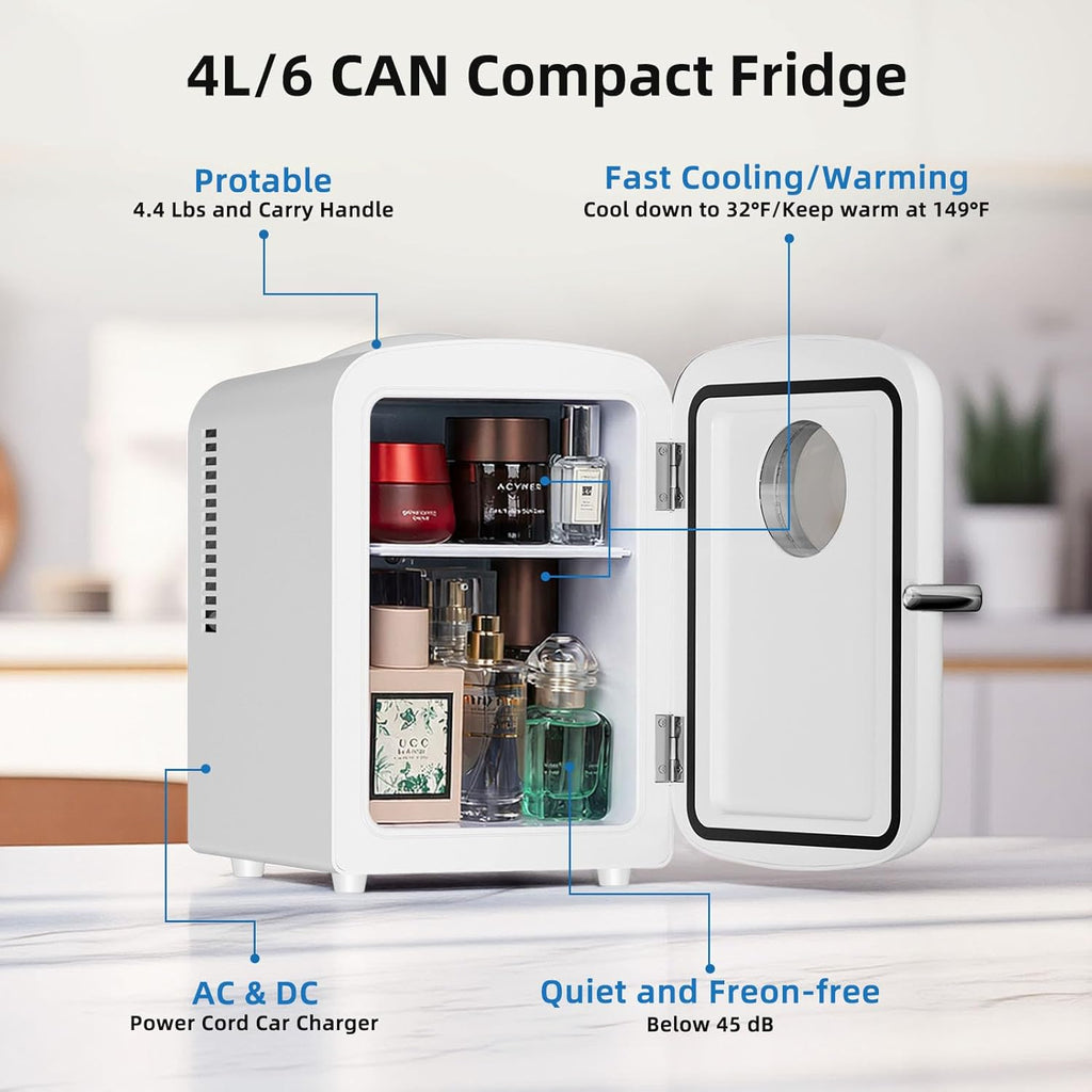 Compact Mini Fridge, 4L Capacity/6 Cans Portable Cooler and Warmer Compact Refrigerator, for Bedroom,Car,Office and