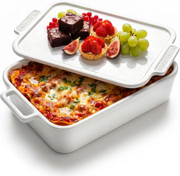 Ceramic Casserole Dish with Lid, 4.8 Qt Large Lasagna Pan Deep, Porcelain Dish for Oven, Rectangular Bakeware Set