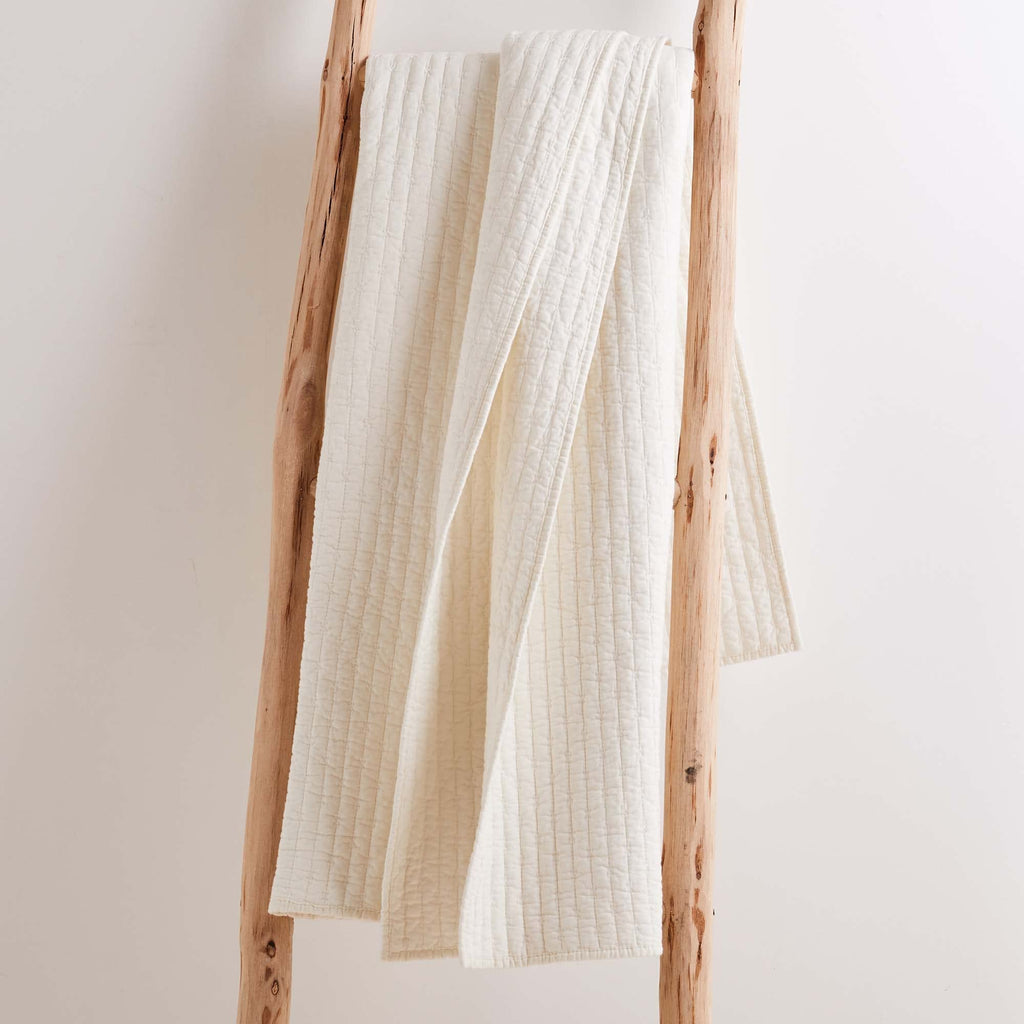 Cross Stitch - Quilted Throw - 50x60in. - 100% Cotton - Reversible Pattern - Cream with White Stitching