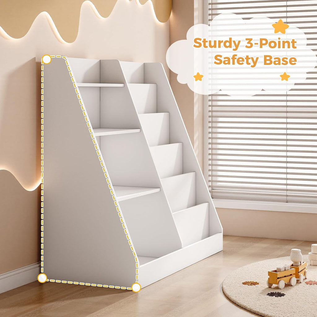 Upgraded 6 Tier Kids Wooden Bookshelf and Toy Storage, White | Children Toy Organizer with Upgraded Book Shelves