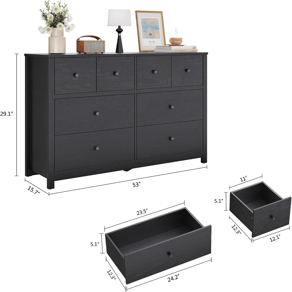 Black 8 Drawer Dresser, Large Modern Dresser for Closet, Bedroom | Storage Chest with Large Drawers & Wide Top