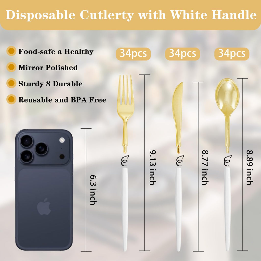 102pcs White and Gold Plastic Silverware Set, 34 Guests