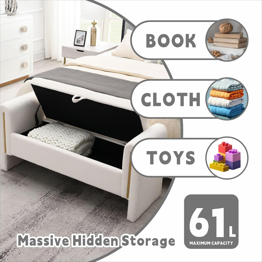 Modern 52" Storage Ottoman Bench, Upholstered End of Bed Storage Bench with Armrests, Entryway Bench, Teddy Foot Rest