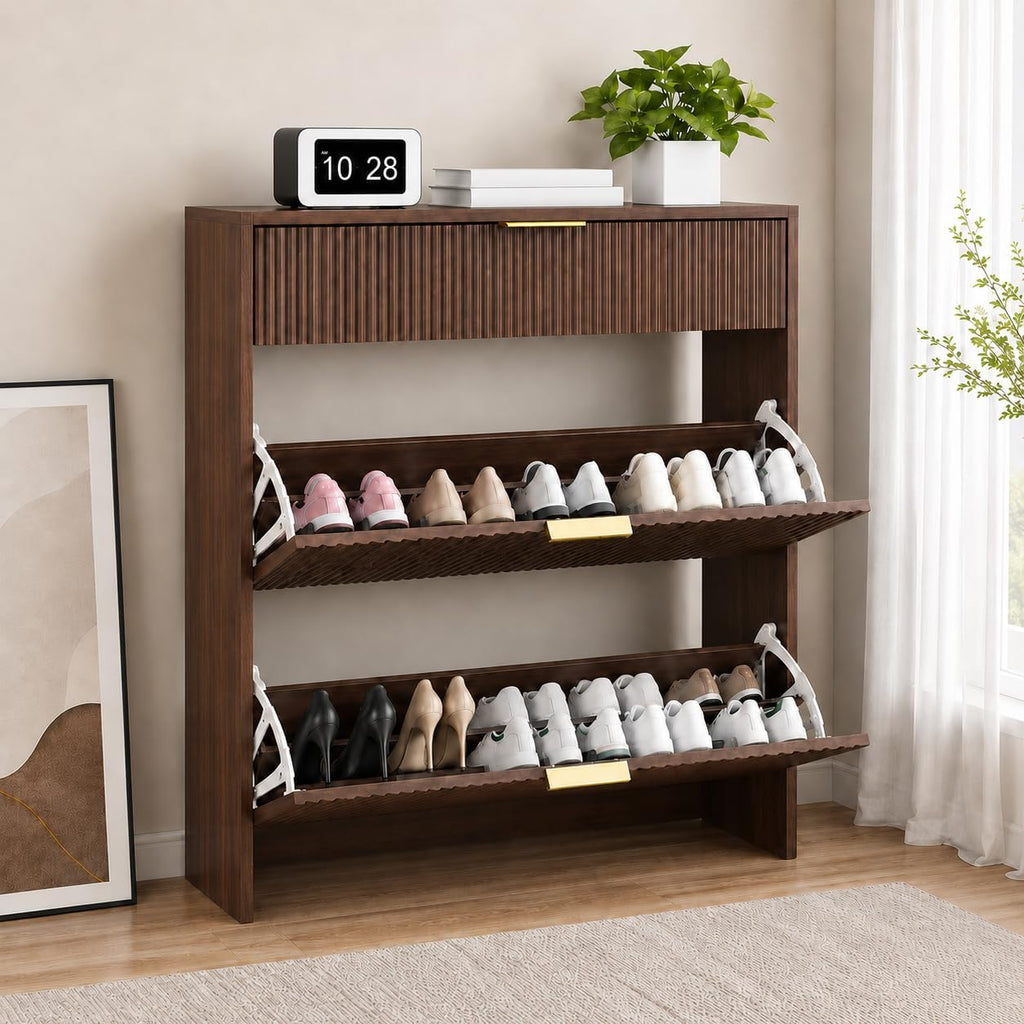 Shoe Storage Cabinet with Gold Pull Handles Narrow Fluted Entryway Shoe Organizer, Freestanding Drawer Rack Bedroom