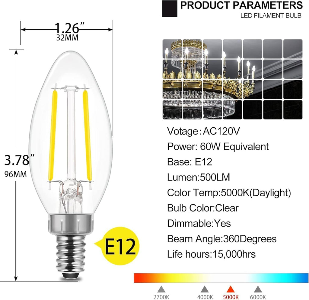 LED E12 Candelabra Bulb B10 B11, Daylight 5000K, 60 Watt Equivalent Chandelier LED Edison Type B Light Bulb