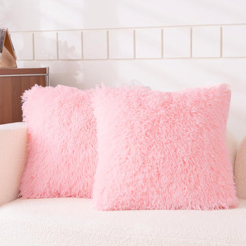 Faux Fur Pink Throw Pillow Covers, Fluffy Soft Fuzzy Decorative Pillow Cases Cute Pillowcases, Zipper Closure, Set of