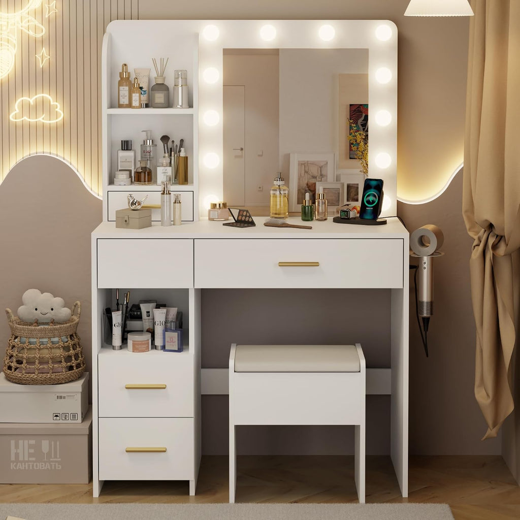 Vanity Desk with LED Lighted Mirror&Power Outlet, 3 Lighting Colors Makeup Vanity Desk with 5 Large Drawers and 3