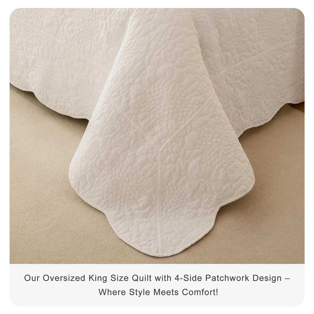 Milk White Stonewashed Cotton (128"x120"), 3PCs Farmhouse Rustic Wave Pattern Quilt California King, Soft Lightweight