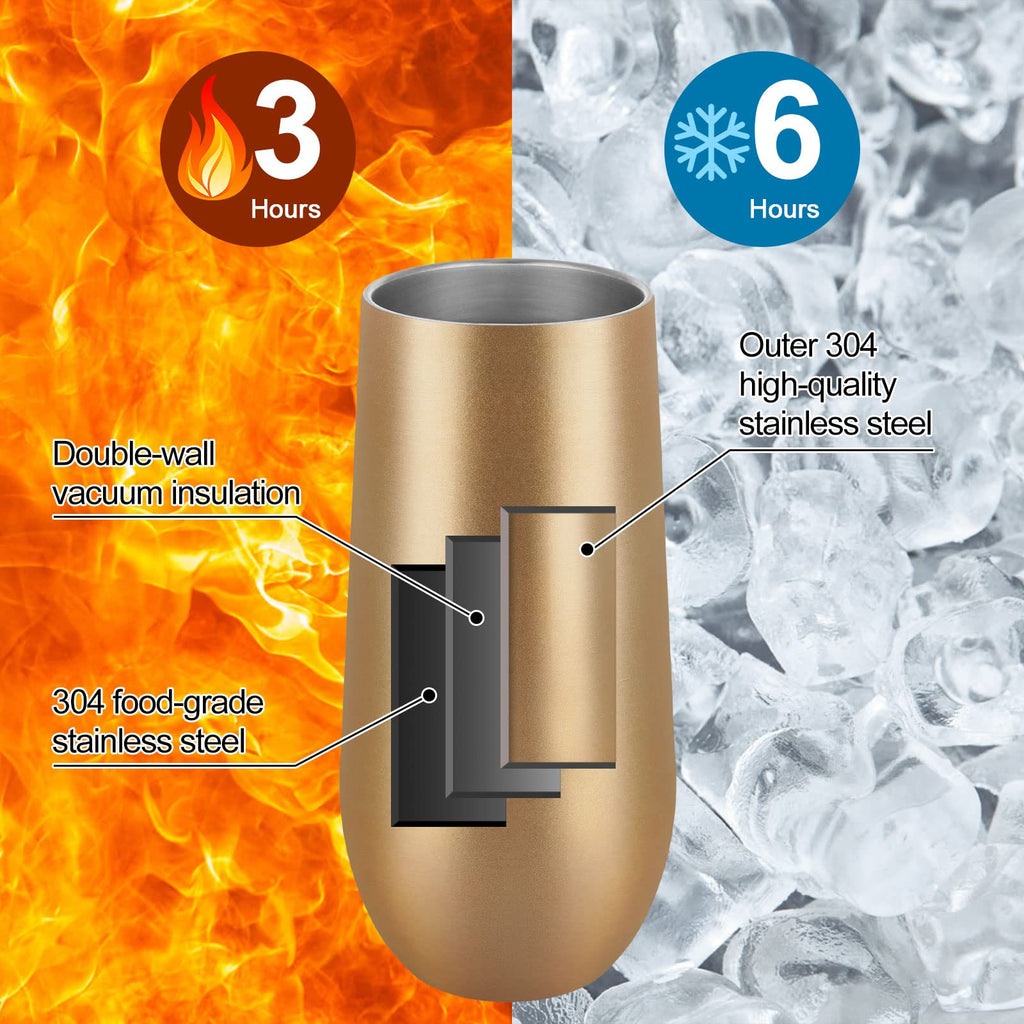 6 Pack Stemless Champagne Tumblers, 12oz Insulated Champagne Flutes with Lid, Stainless Steel Stemless Champagne