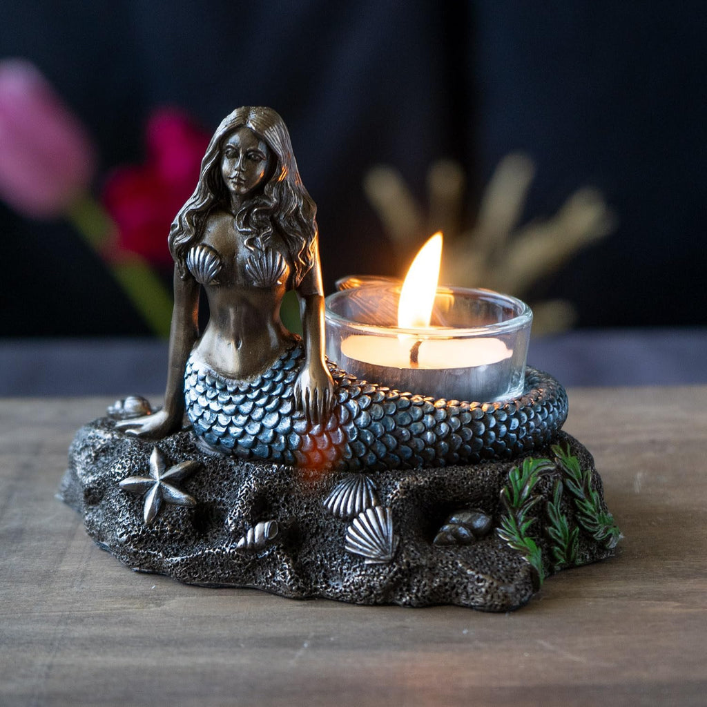 Nautical Mermaid Votive Tealight Candle Holder, Bronze and Blue Decorative Figurine with Glass Cup, Ocean Theme Res