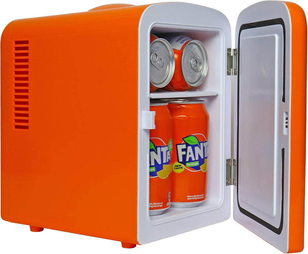 Fanta Mini Fridge - 6 Can Refrigerator for Bedroom Office, Portable Table Top Beverage Cooler, 12V 110V Refrigerador