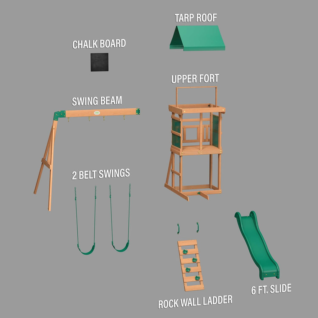 Buckley Hill Cedar Wood Swing Set with Wave Slide, Play Deck, Rock Wall Ladder, Belt Swings, Chalkboard, Canopy Roof